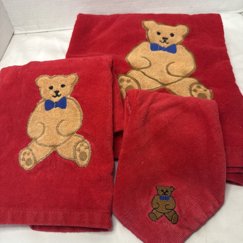 VTG Ames Teddy Bear Red Towels All Cotton Face Red Christmas Festive Holiday Set